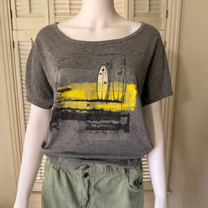Roxy Short Sleeve Tee Gray Yellow Surfboard Graphic Size S